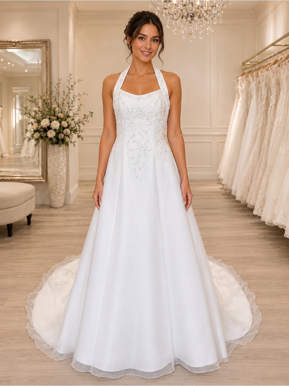NWT White Halter Wedding Dress Size 10 Beaded Rhinestone Bridal Gown